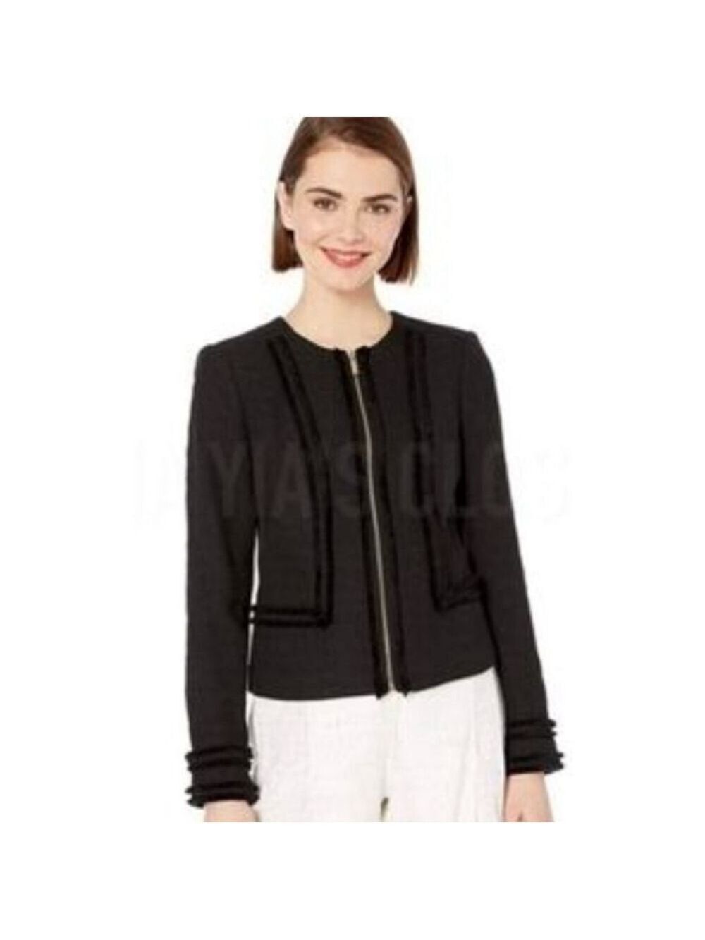 Women's Karl Lagerfeld Paris Black Tweed Zip-Front Jacket Gold-tone Zippers L/XL